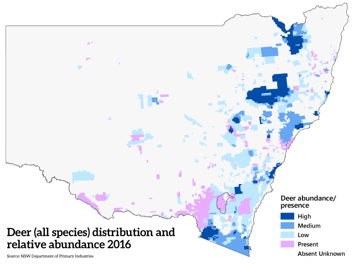 The area covered by the six species of feral deer in NSW in 2016.